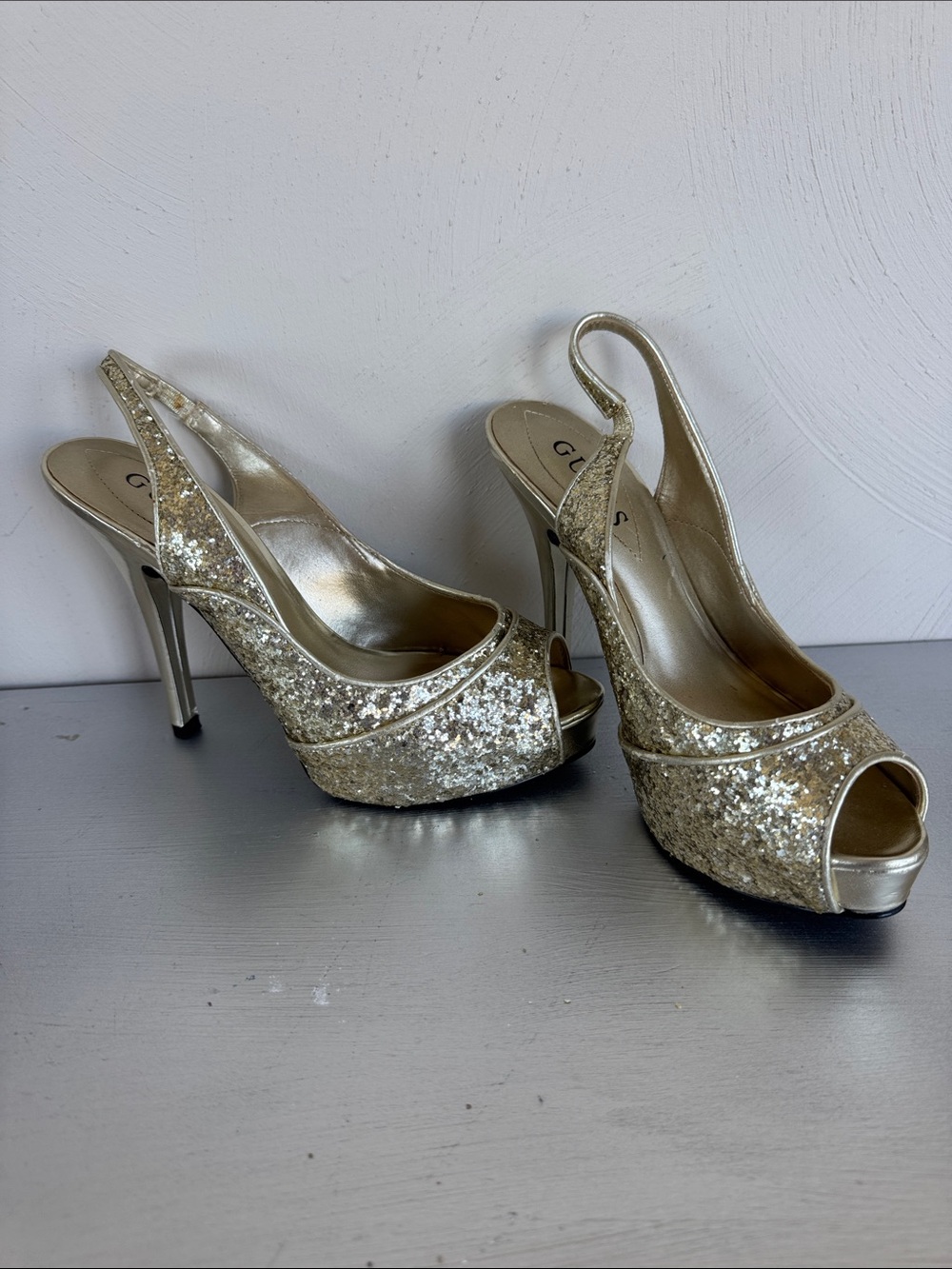 Guess Gold Glitter Peep-Toe Slingback Platform Heels